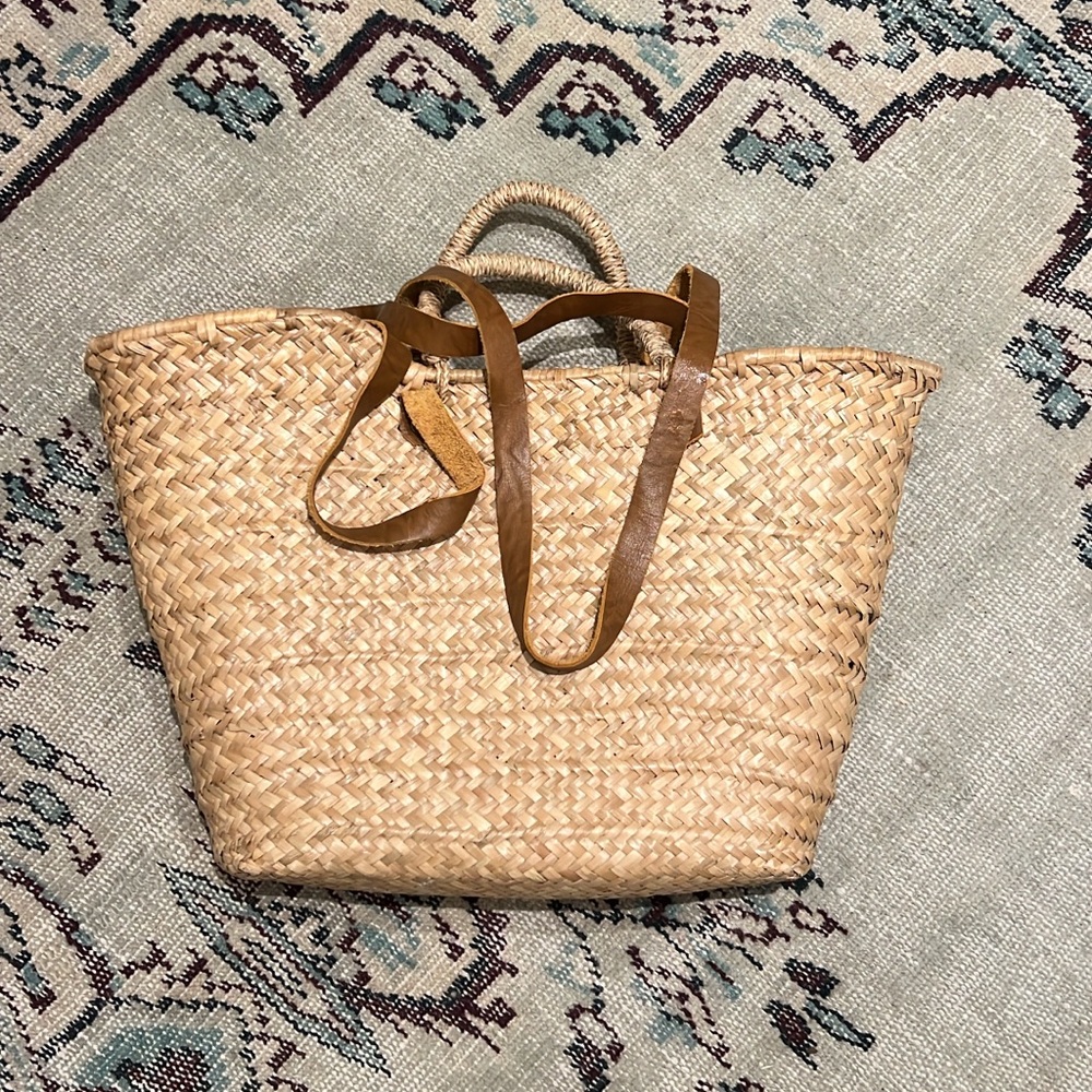 Straw beach tote with genuine leather shoulder straps
